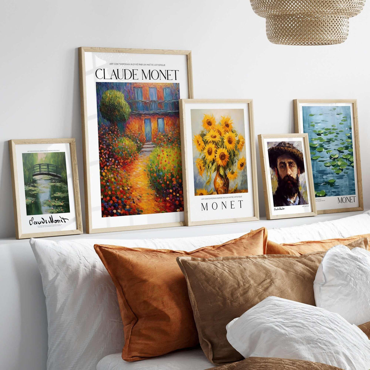 Claude Monet Art Print - Japanese Bridge Monet Water Lilies Print - Garden Pond Wall Art displayed on a couch.