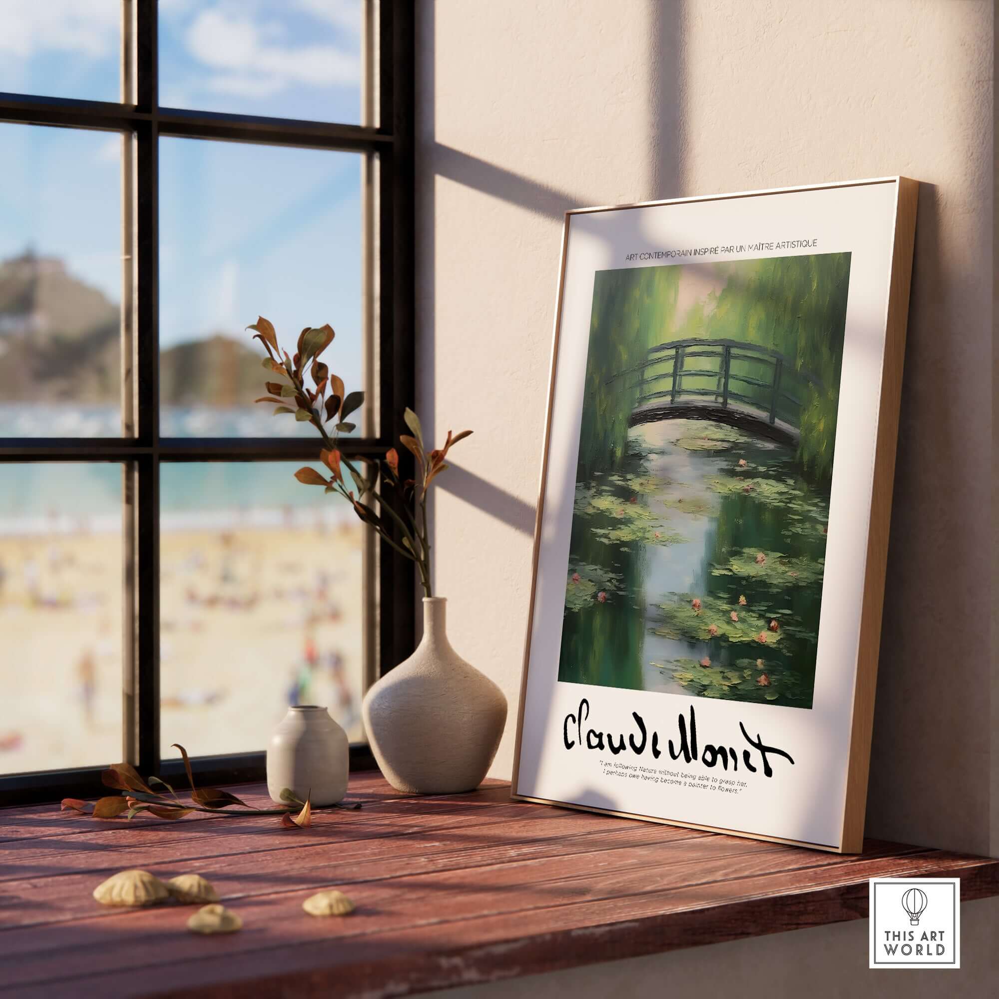 Claude Monet Art Print - Japanese Bridge Monet Water Lilies Print - Garden Pond Wall Art displayed in a serene indoor setting.