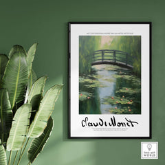 Claude Monet Art Print - Japanese Bridge Monet Water Lilies Print - Garden Pond Wall Art displayed on a green wall.