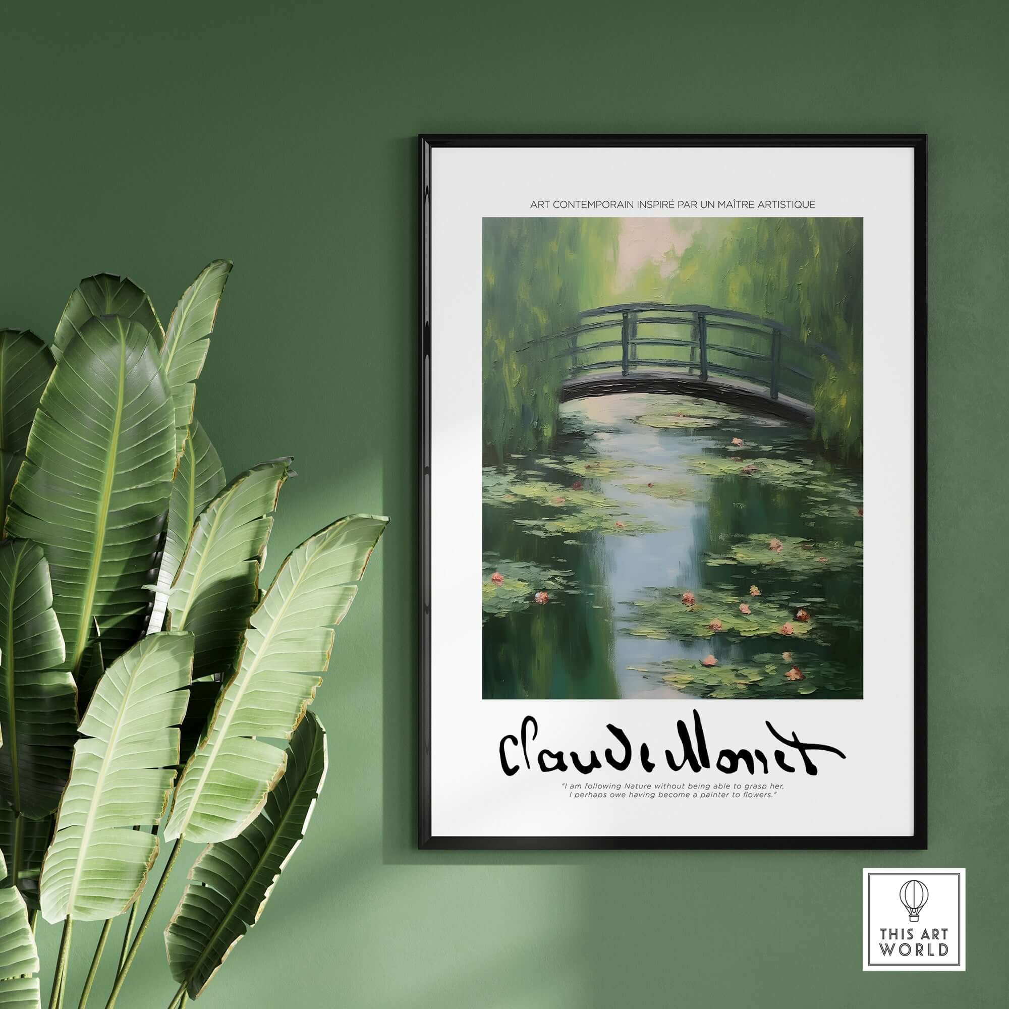 Claude Monet Art Print - Japanese Bridge Monet Water Lilies Print - Garden Pond Wall Art displayed on a green wall.
