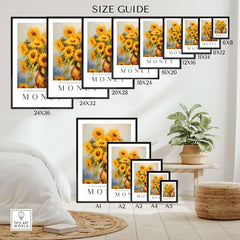 Claude Monet Art Print - Radiant Sunflowers in Vase Wall Art size guide with various frame options displayed.