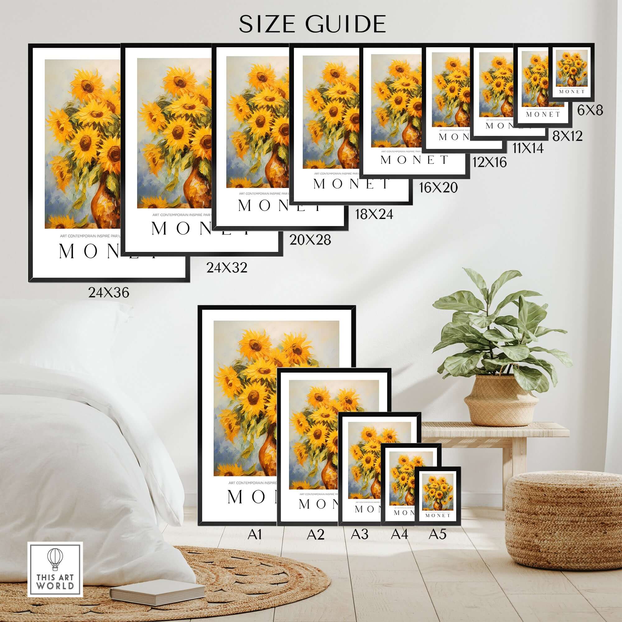 Claude Monet Art Print - Radiant Sunflowers in Vase Wall Art size guide with various frame options displayed.