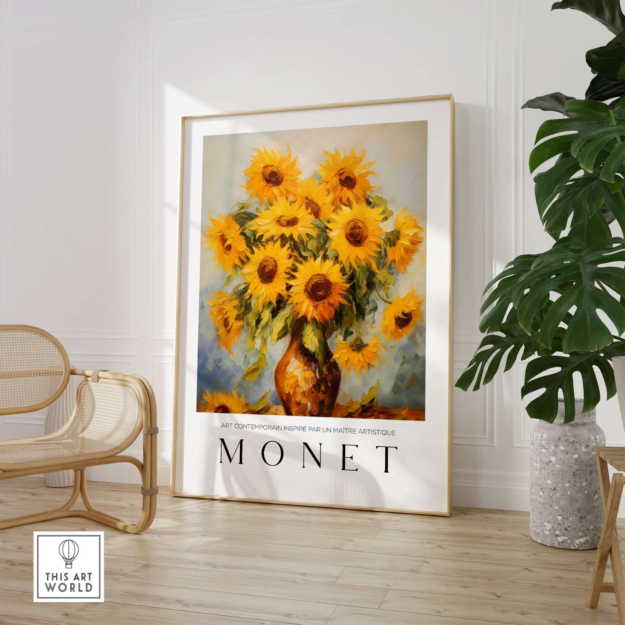 Claude Monet Art Print - Radiant Sunflowers in Vase Wall Art featuring vibrant sunflowers, warm colors, and elegant framing.