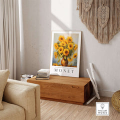 Claude Monet Art Print - Radiant Sunflowers in Vase Wall Art displayed in a stylish living room setting.