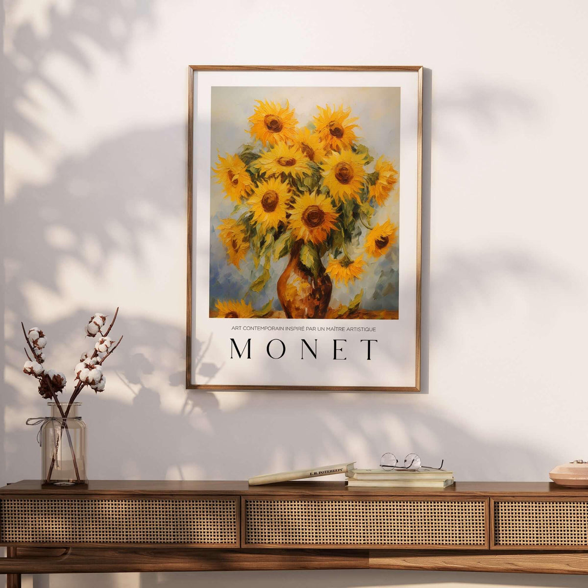 Claude Monet Art Print - Radiant Sunflowers in Vase Wall Art featuring bright yellow sunflowers in a decorative vase.