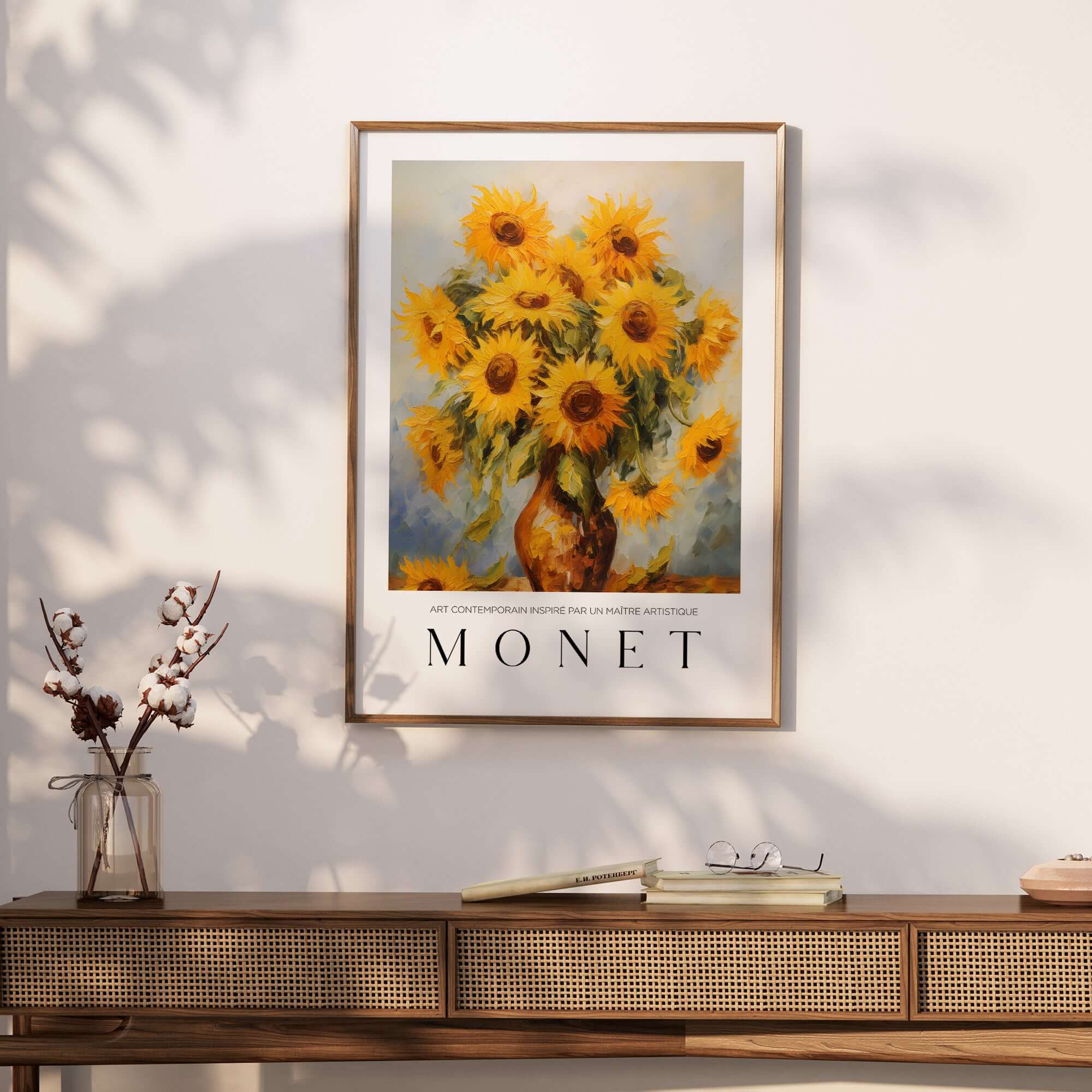 Claude Monet Art Print - Radiant Sunflowers in Vase Wall Art featuring bright yellow sunflowers in a decorative vase.