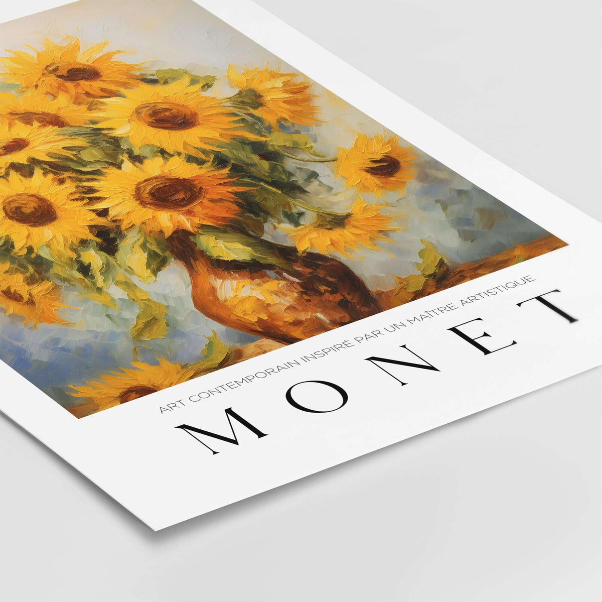 Claude Monet Art Print - Radiant Sunflowers in Vase Wall Art featuring a vibrant sunflower bouquet in an earthenware vase.