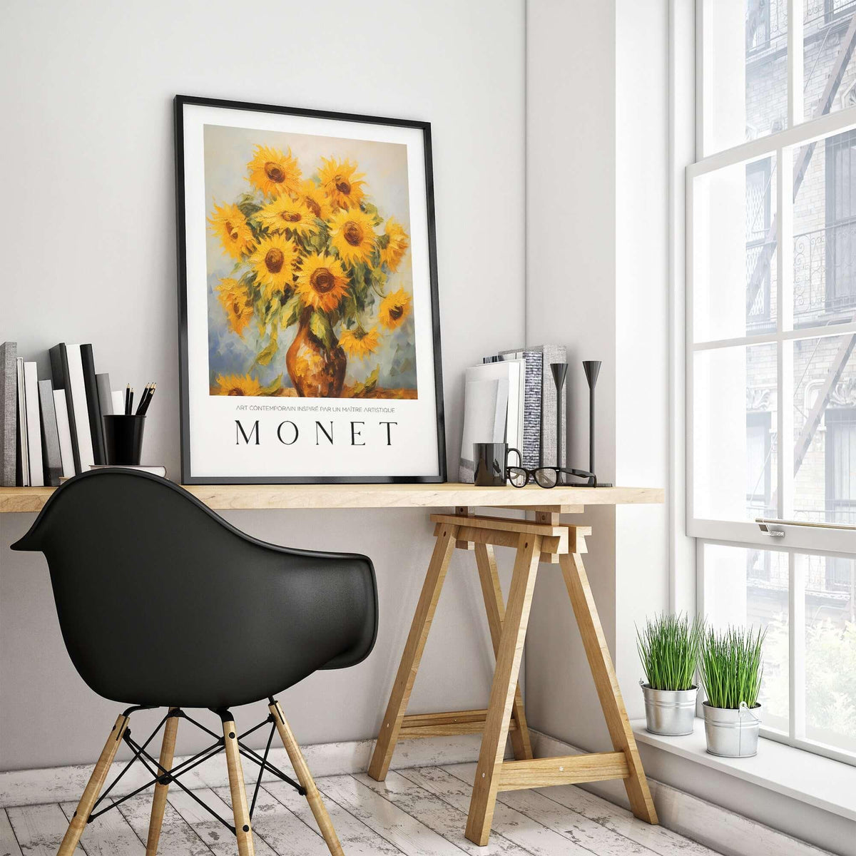 Claude Monet Art Print - Radiant Sunflowers in Vase Wall Art displayed in a modern home office setting.