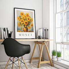 Claude Monet Art Print - Radiant Sunflowers in Vase Wall Art displayed in a modern home office setting.