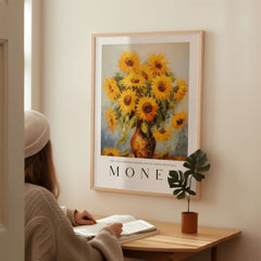 Claude Monet Art Print - Radiant Sunflowers in Vase Wall Art featuring bright sunflowers in a vase.