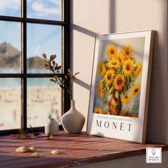 Claude Monet Art Print - Radiant Sunflowers in Vase Wall Art displayed on a wooden table with a beach view.
