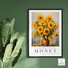 Claude Monet Art Print - Radiant Sunflowers in Vase Wall Art showcased in a vibrant interior setting.