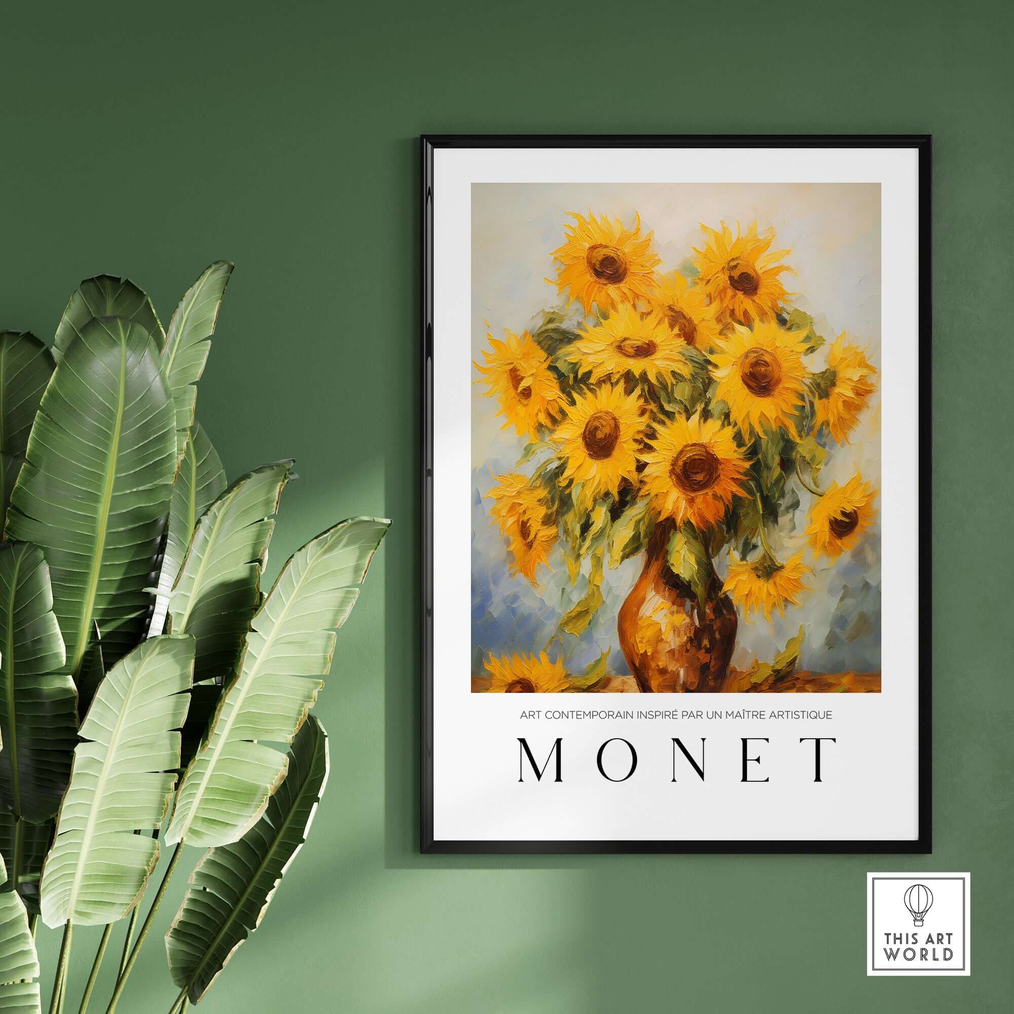 Claude Monet Art Print - Radiant Sunflowers in Vase Wall Art showcased in a vibrant interior setting.