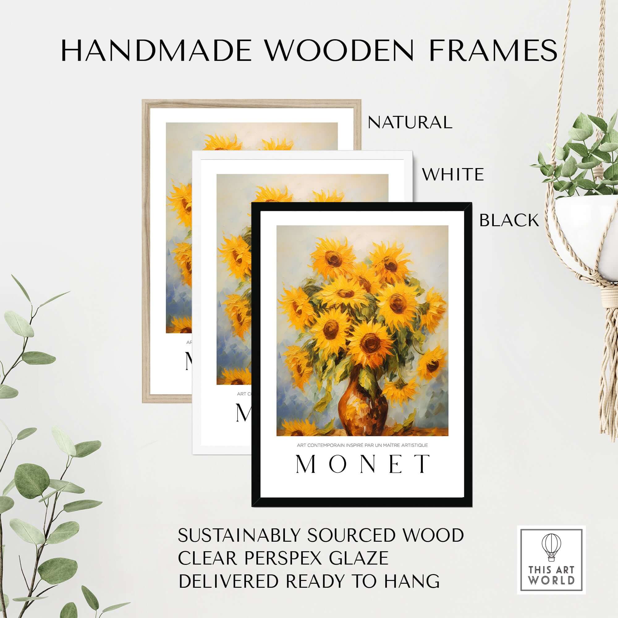 Claude Monet Art Print - Radiant Sunflowers in Vase Wall Art with handmade wooden frames in natural, white, and black.