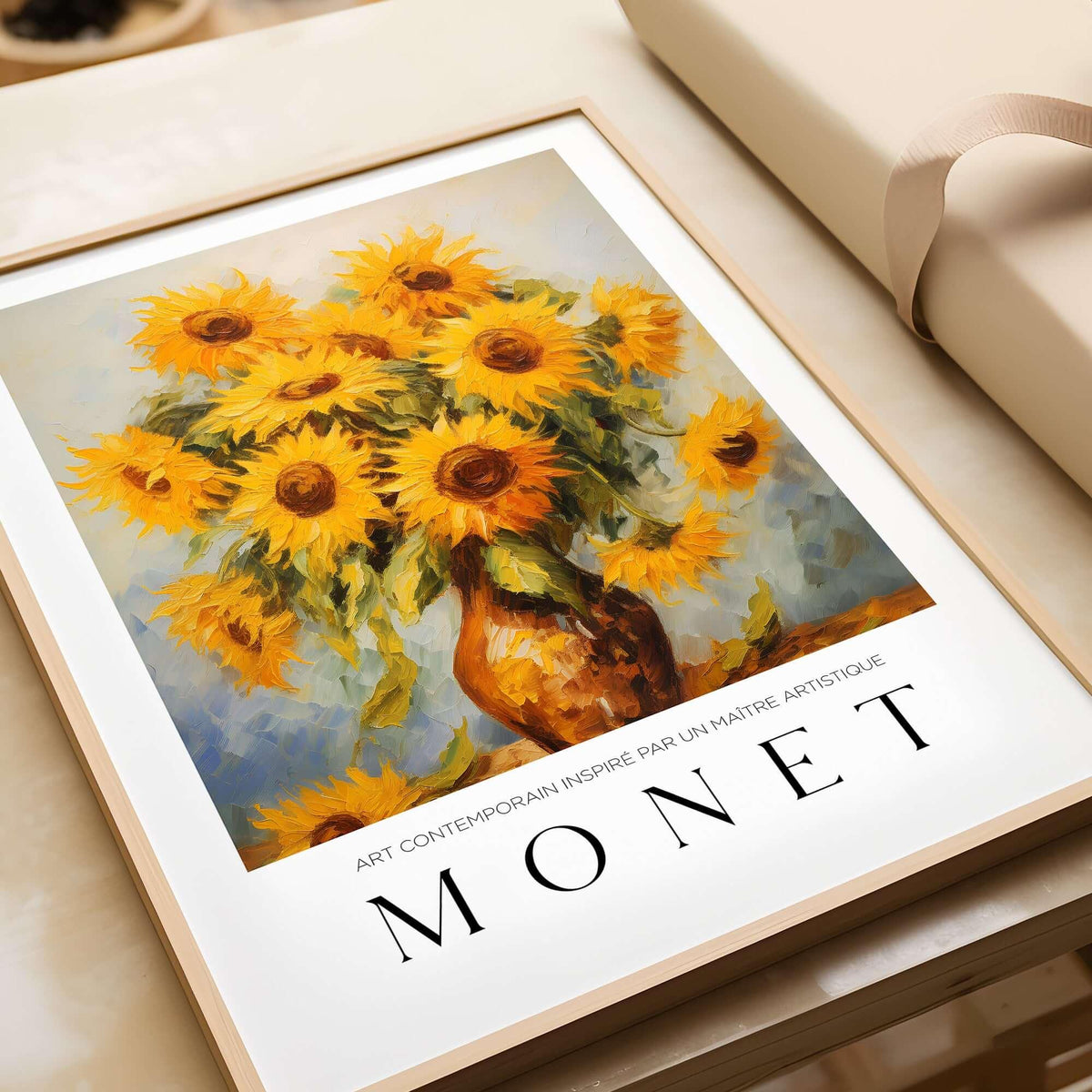 Claude Monet Art Print - Radiant Sunflowers in Vase Wall Art featuring vibrant sunflowers in a decorative vase.