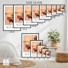 Claude Monet Art Print - Red Boats at Sunset Riverbank Wall Art size guide with various frame sizes and a plant in the background.