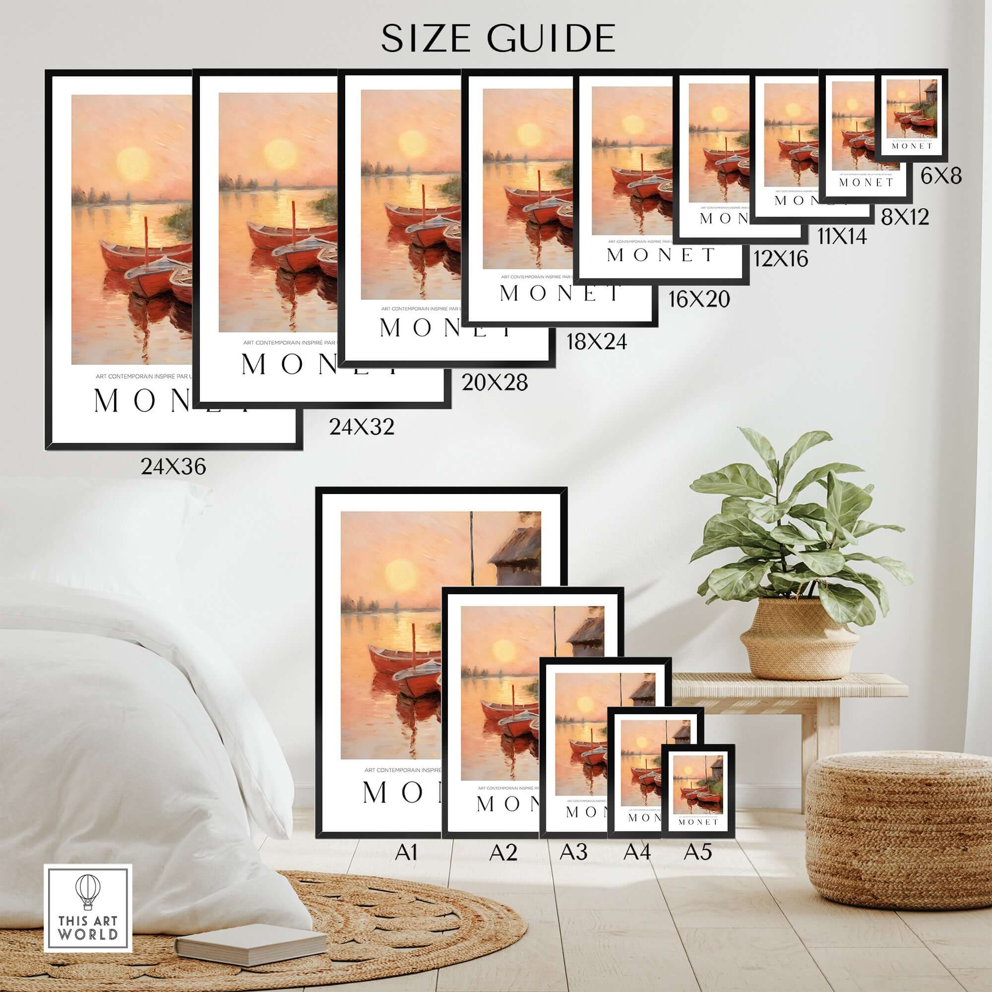 Claude Monet Art Print - Red Boats at Sunset Riverbank Wall Art size guide with various frame sizes and a plant in the background.