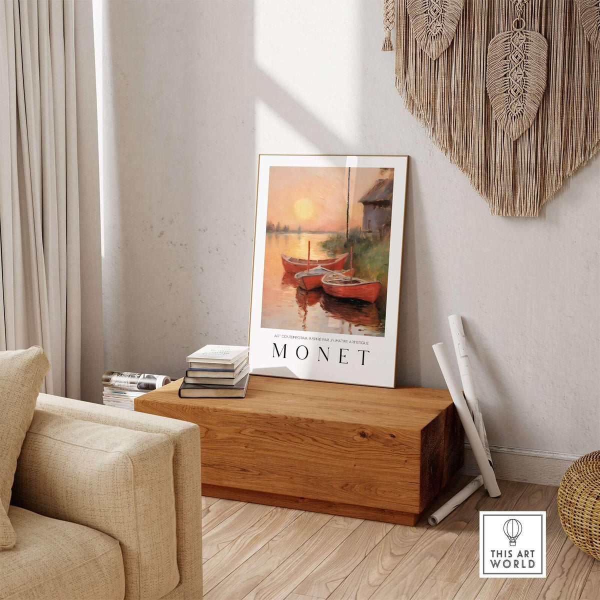 Claude Monet Art Print - Red Boats at Sunset Riverbank Wall Art displayed in a cozy interior setting.