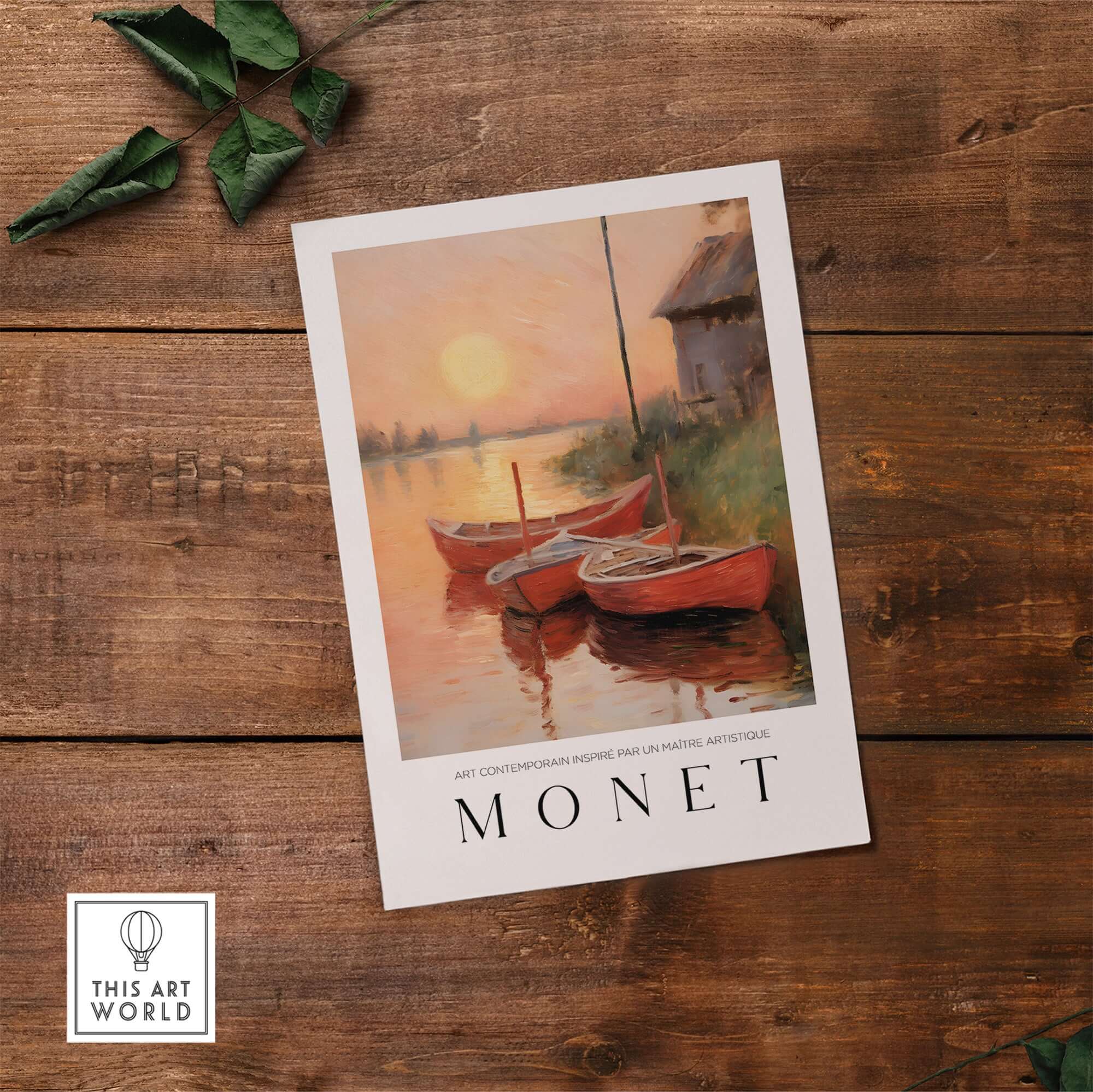 Claude Monet Art Print - Red Boats at Sunset Riverbank Wall Art featuring vibrant boats on a calm river at dusk.