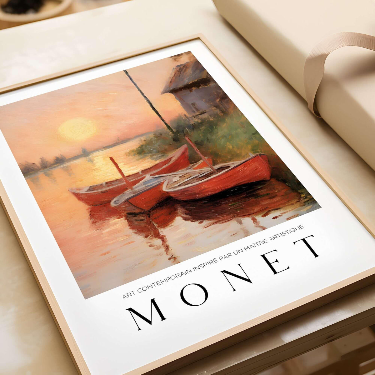 Claude Monet Art Print - Red Boats at Sunset Riverbank Wall Art featuring serene sunset scene with red boats