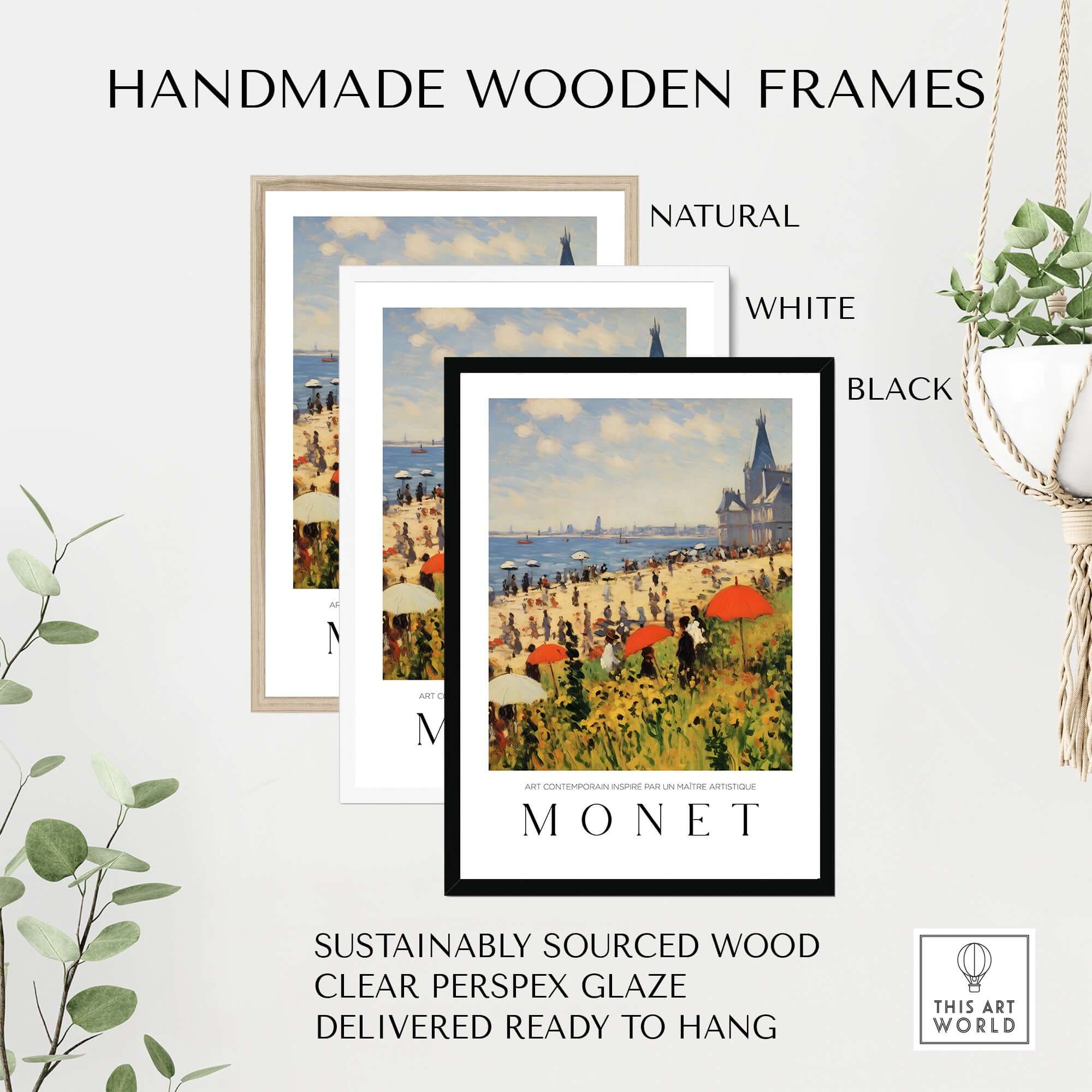 Claude Monet Art Print - Sunny Beach Resort with Flowers Poster in handmade wooden frames in natural, white, and black.