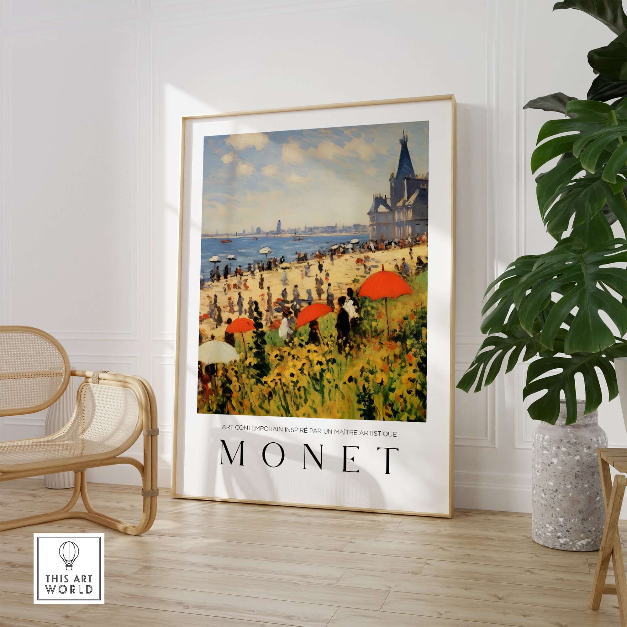 Claude Monet Art Print - Sunny Beach Resort with Flowers Poster featuring beachgoers and colorful umbrellas.
