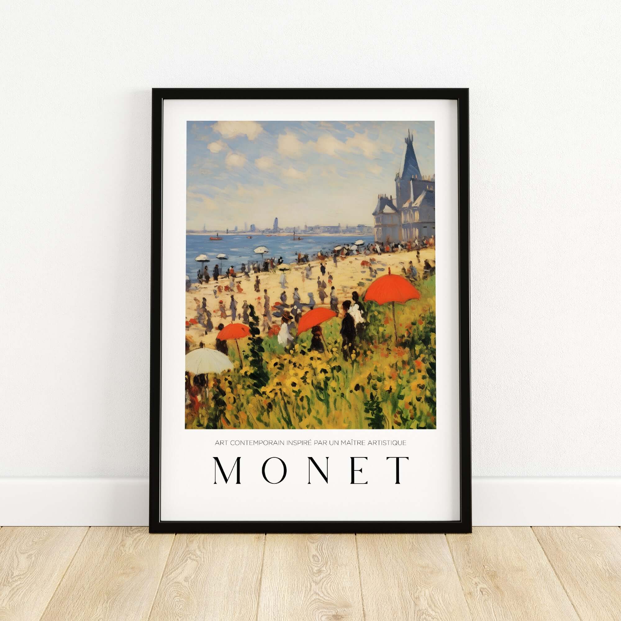 Claude Monet Art Print - Sunny Beach Resort with Flowers Poster featuring beachgoers and colorful umbrellas.