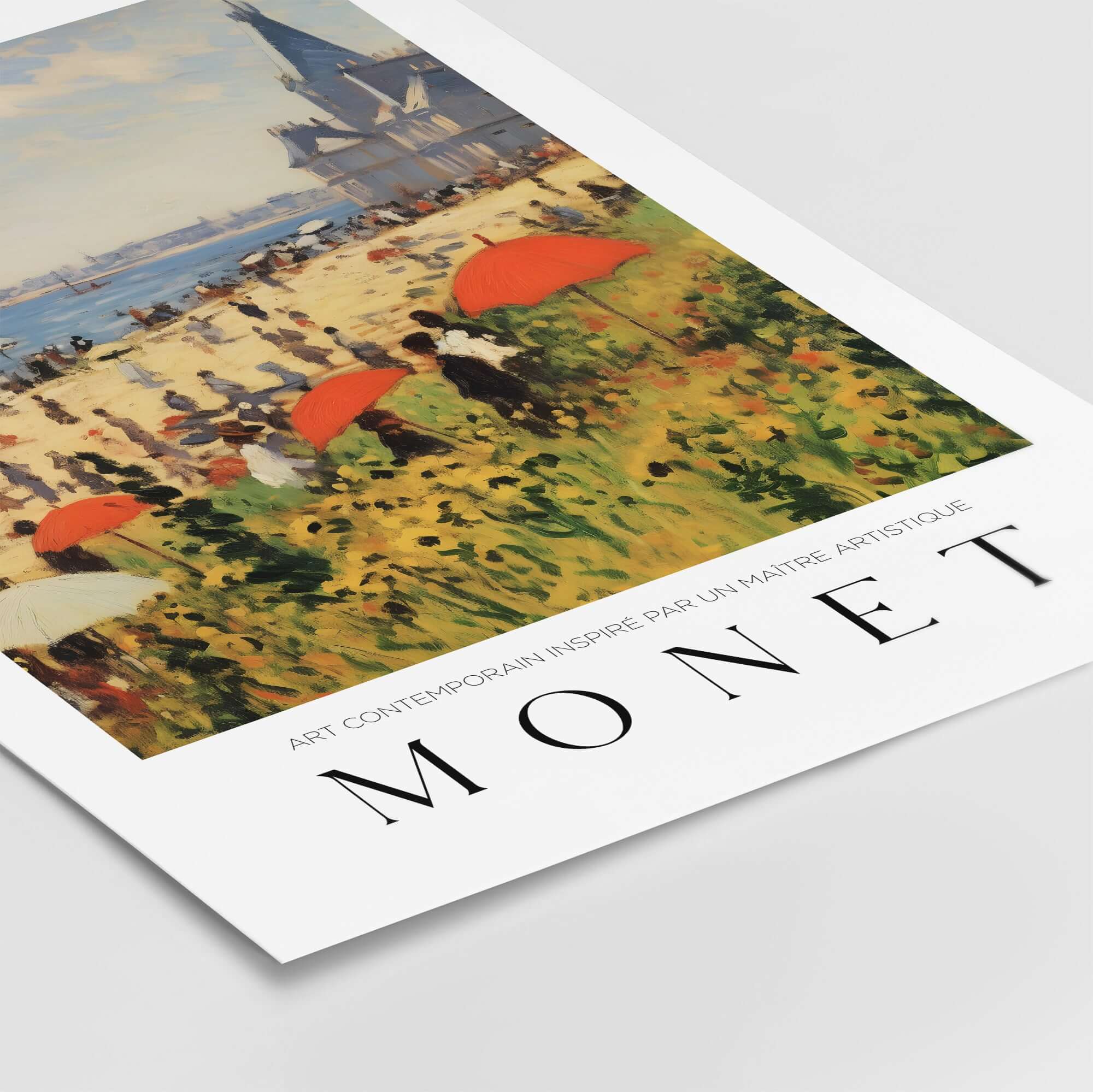 Claude Monet Art Print - Sunny Beach Resort with Flowers Poster showcasing a vibrant beach scene and colorful umbrellas.