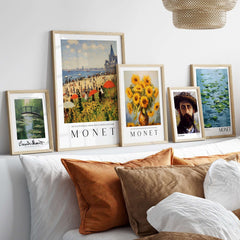 Claude Monet Art Print - Sunny Beach Resort with Flowers Poster displayed above a cozy sofa.