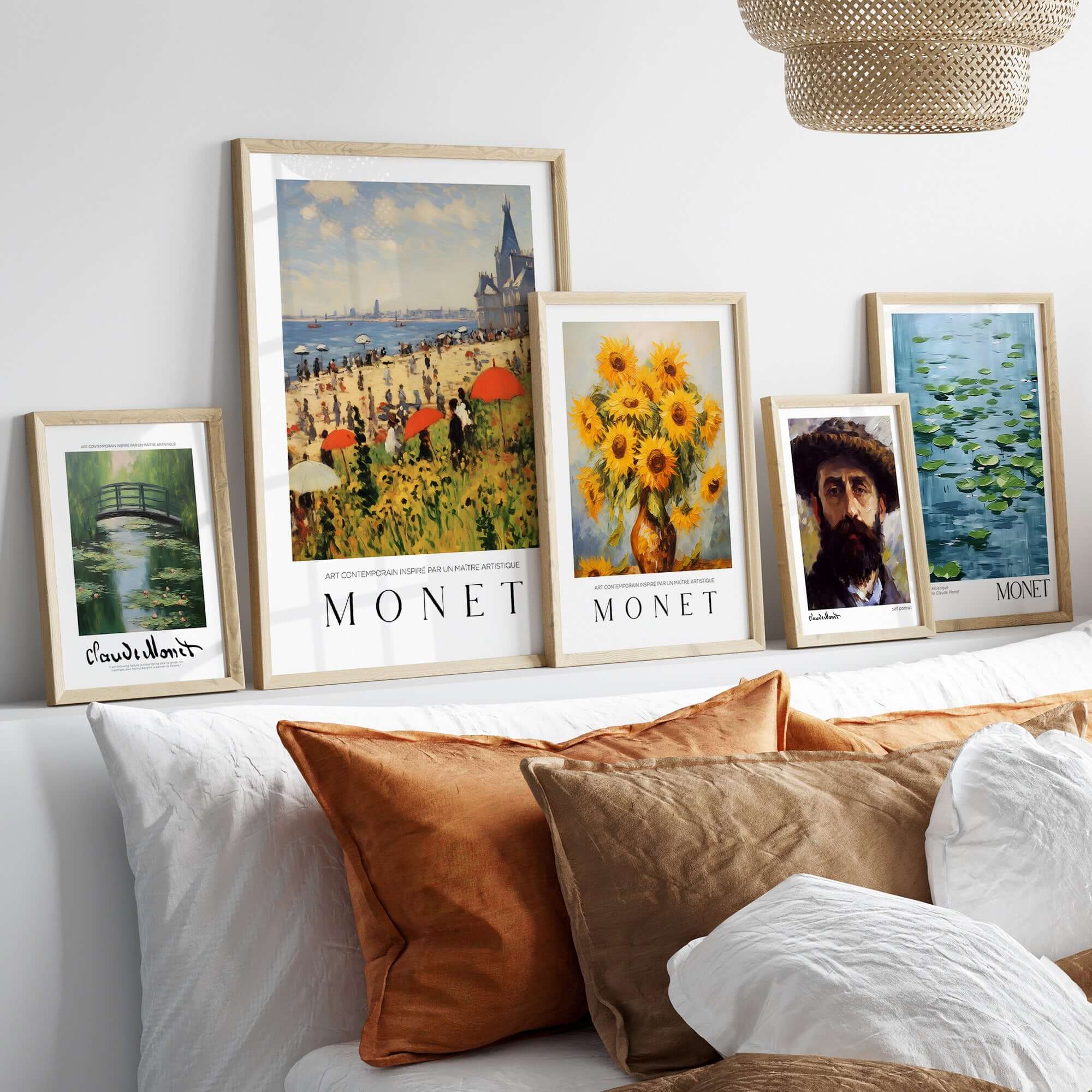 Claude Monet Art Print - Sunny Beach Resort with Flowers Poster displayed above a cozy sofa.