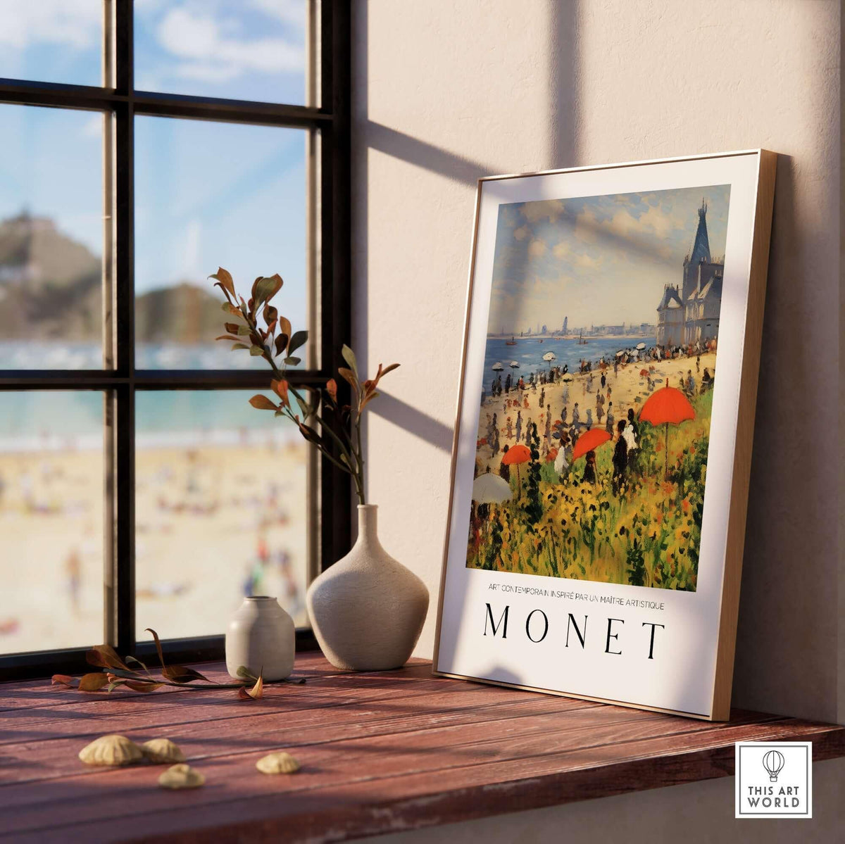 Claude Monet Art Print - Sunny Beach Resort with Flowers Poster displayed on a windowsill with beach view.