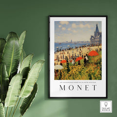 Claude Monet Art Print - Sunny Beach Resort with Flowers Poster featuring a vibrant beach scene and colorful umbrellas.