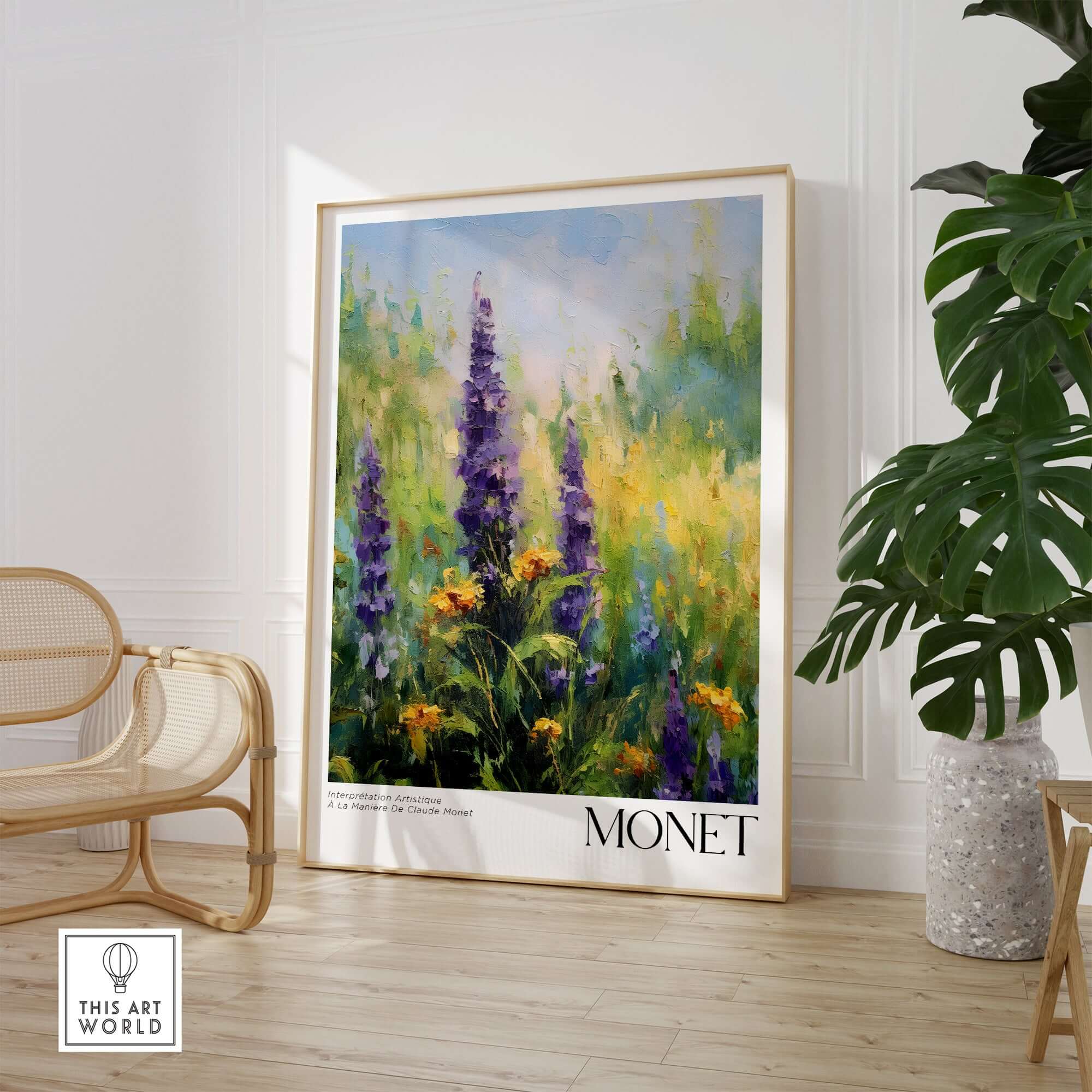Claude Monet Art Print - Wildflower Meadow Purple Floral Print displayed in a stylish room with green foliage.