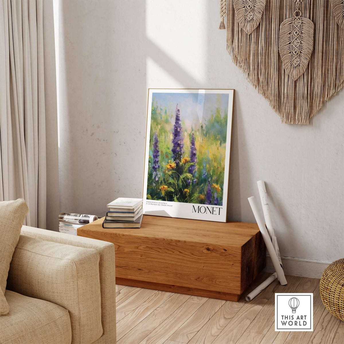 Claude Monet Art Print - Wildflower Meadow Purple Floral Print displayed in a stylish living room setting.