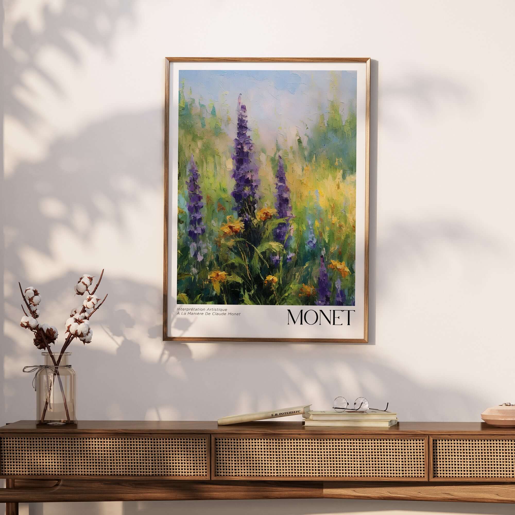 Claude Monet Art Print - Wildflower Meadow Purple Floral Print displayed in stylish home decor.