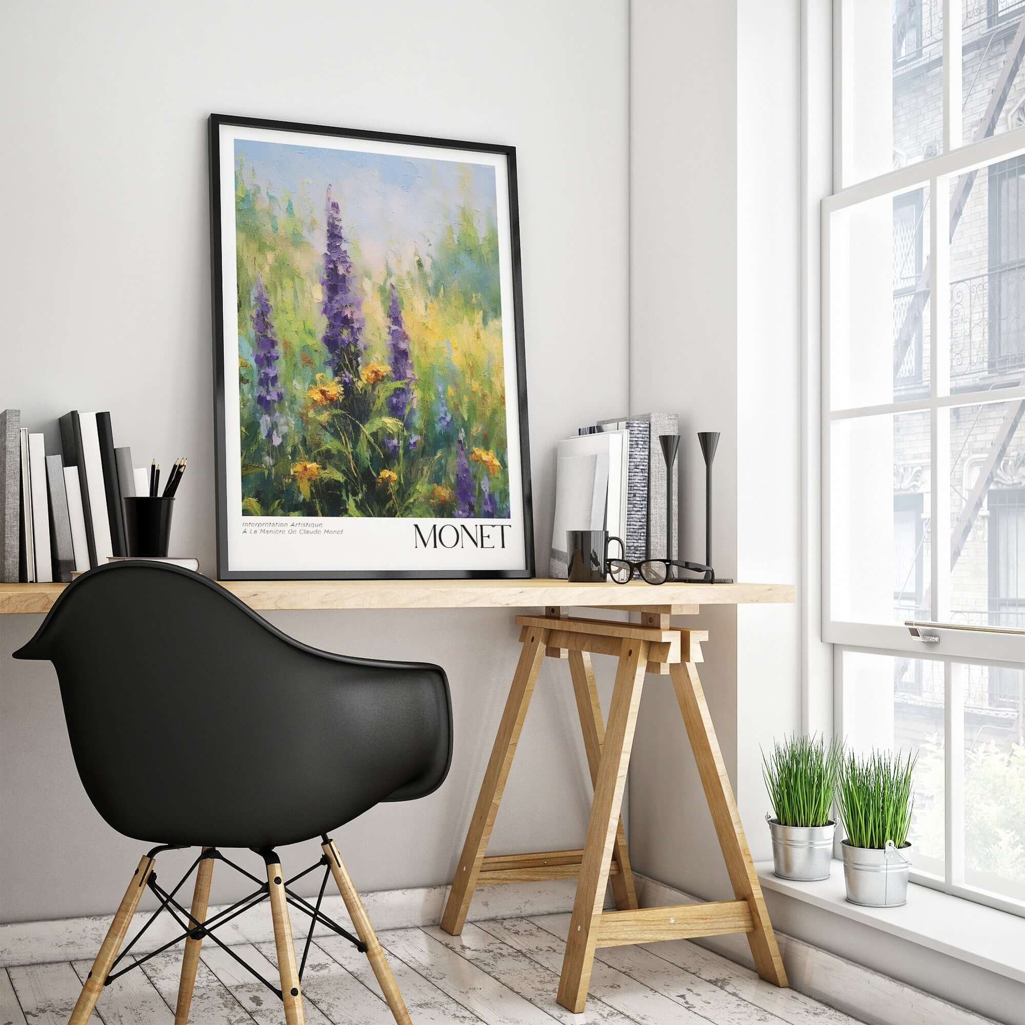 Claude Monet Art Print - Wildflower Meadow Purple Floral Print displayed in a chic workspace with a modern black chair.