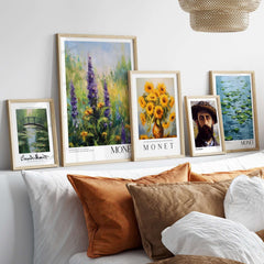 Claude Monet Art Print - Wildflower Meadow Purple Floral Print featuring colorful framed prints above a cozy couch.