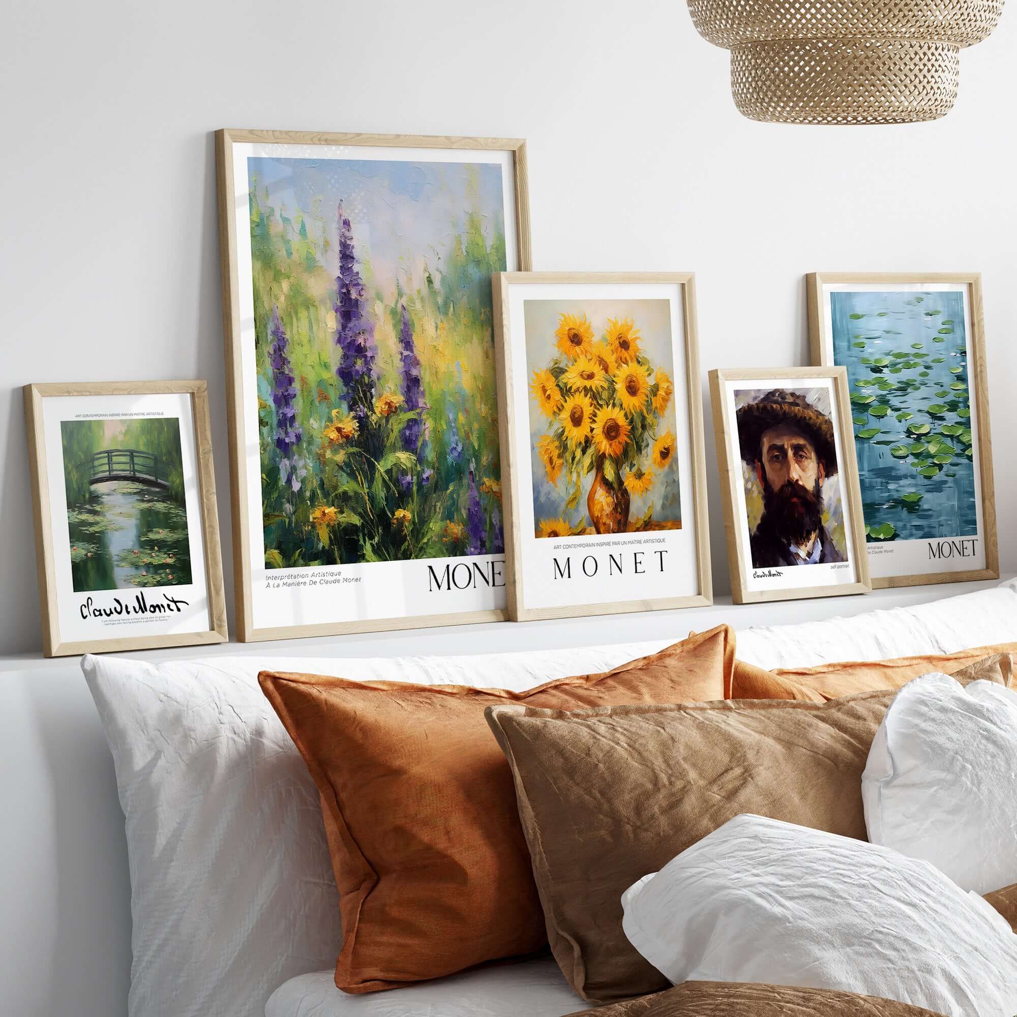 Claude Monet Art Print - Wildflower Meadow Purple Floral Print featuring colorful framed prints above a cozy couch.