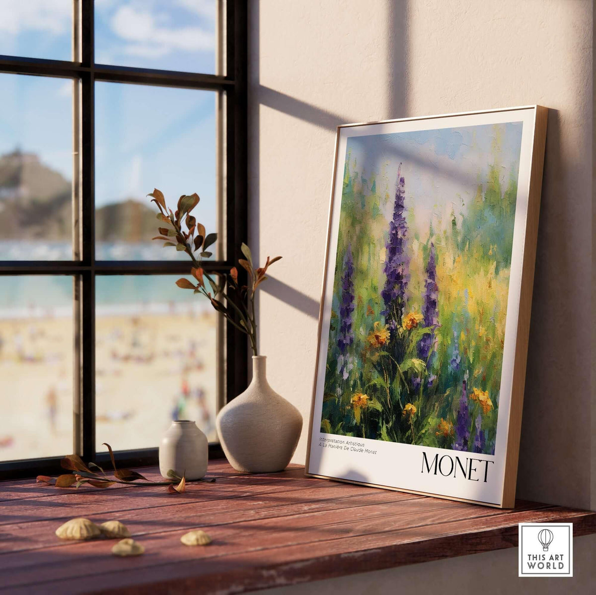 Claude Monet Art Print - Wildflower Meadow Purple Floral Print featured on a windowsill with beach view.