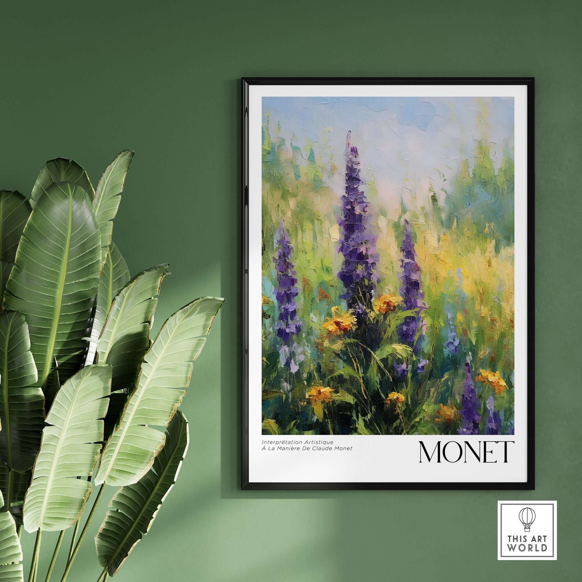 Claude Monet Art Print - Wildflower Meadow Purple Floral Print displayed on a green wall, featuring vibrant purple flowers.