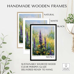 Handmade wooden frames for Claude Monet Art Print - Wildflower Meadow Purple Floral Print in natural, white, and black options.