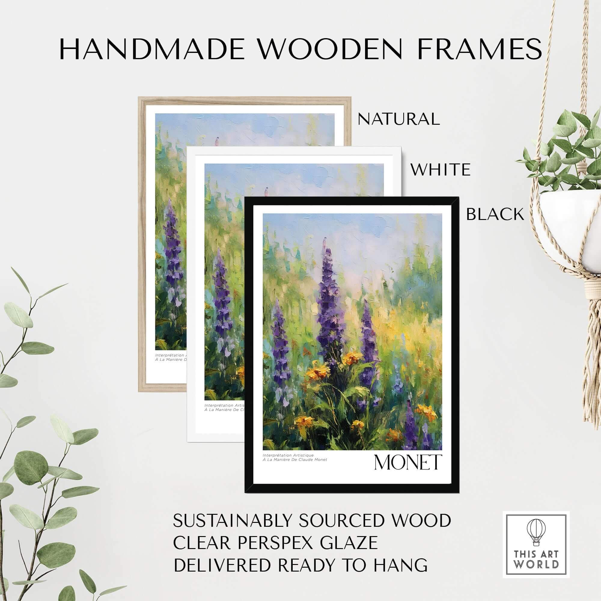 Handmade wooden frames for Claude Monet Art Print - Wildflower Meadow Purple Floral Print in natural, white, and black options.