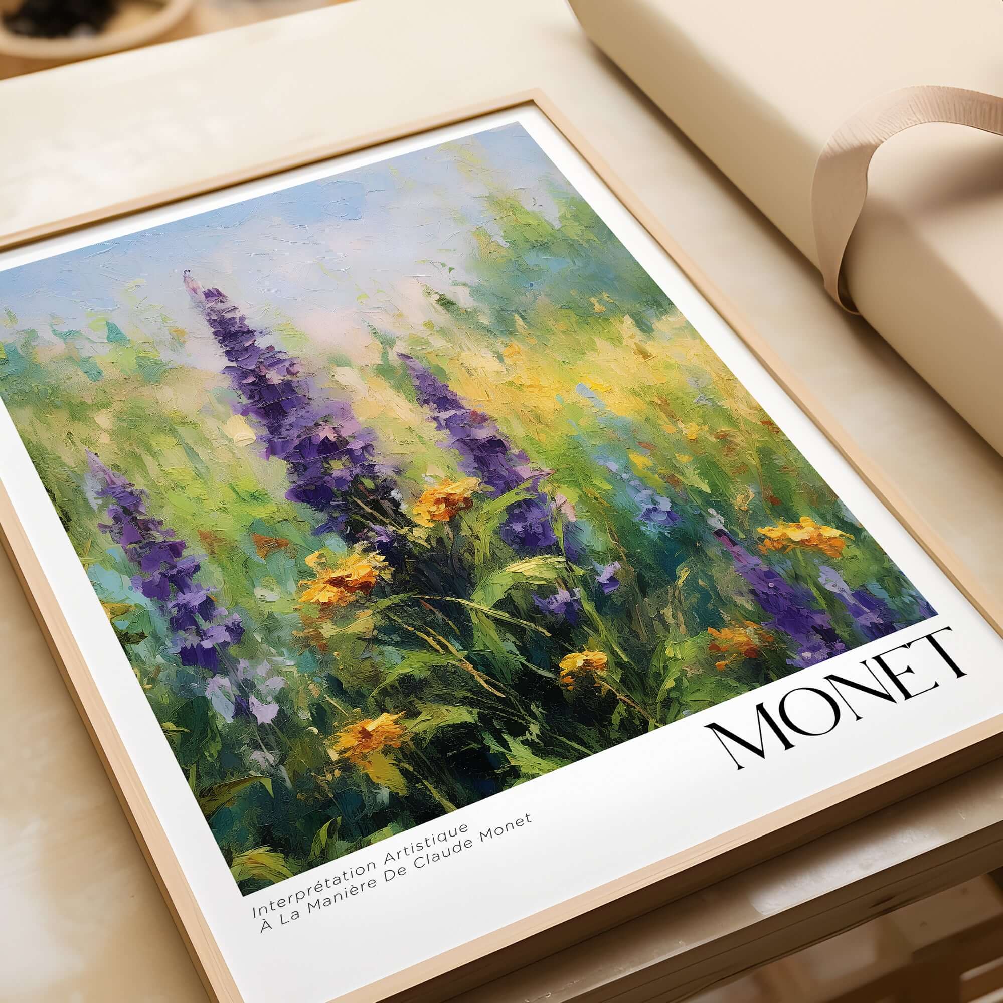Claude Monet Art Print - Wildflower Meadow Purple Floral Print featuring vibrant purple wildflowers and yellow blooms.