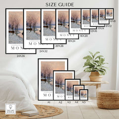 Claude Monet Poster - Winter River Sunset Wall Art - Snow Scene Print size guide with various dimensions displayed.