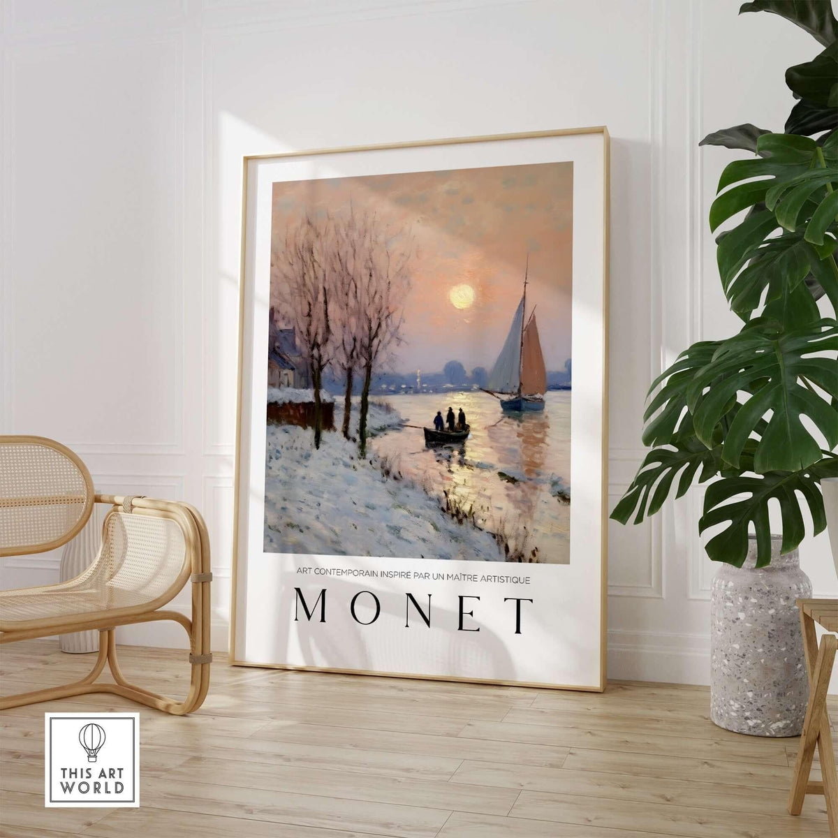 Claude Monet Poster - Winter River Sunset Wall Art - Snow Scene Print displayed in a stylish interior setting.