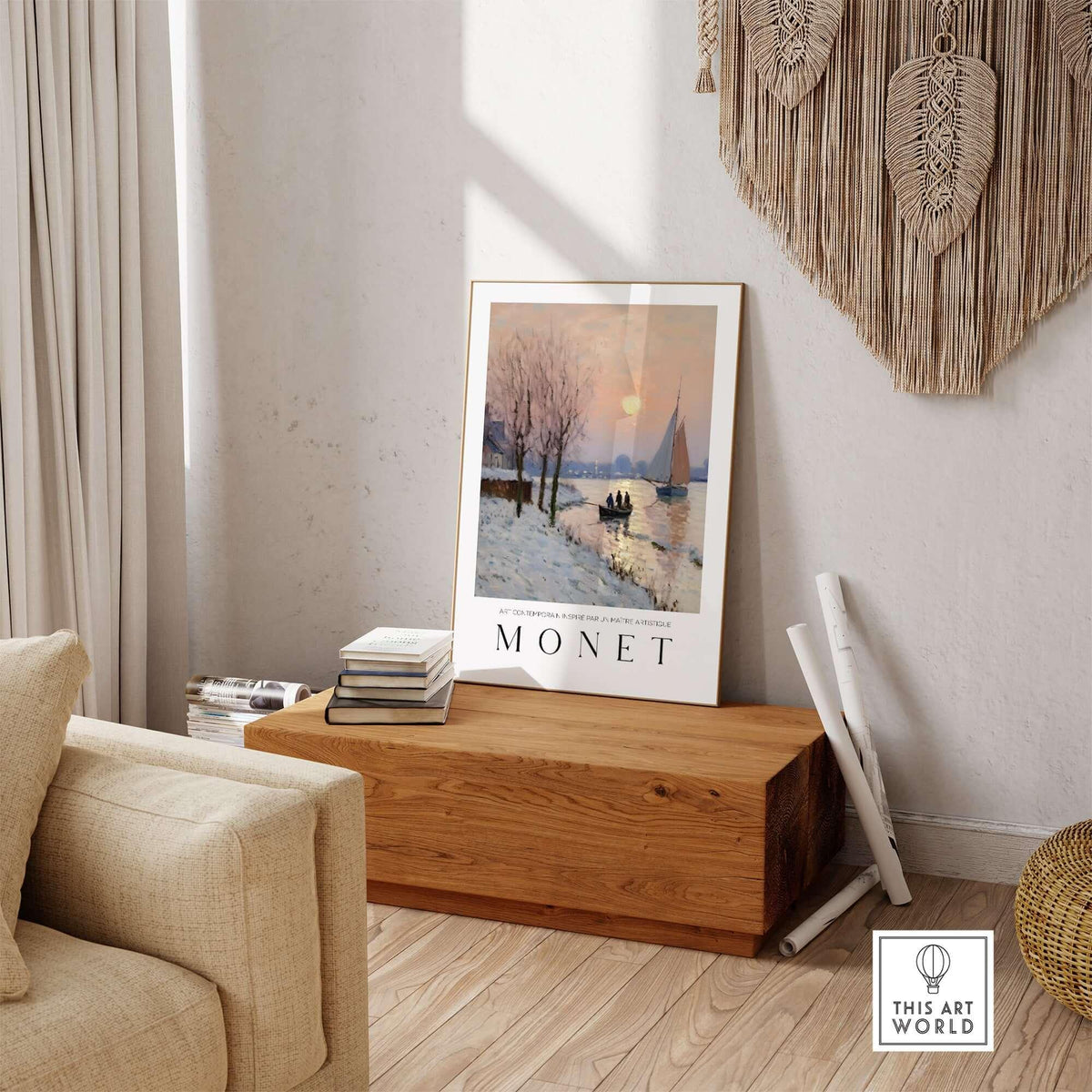 Claude Monet Poster - Winter River Sunset Wall Art - Snow Scene Print displayed in a cozy interior setting.