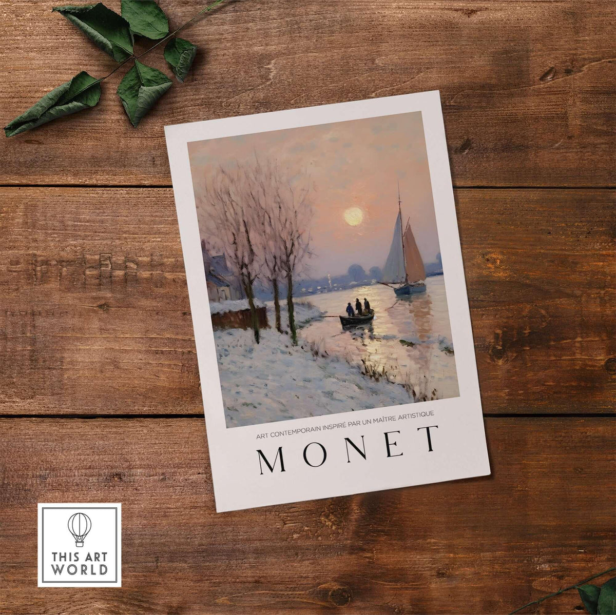 Claude Monet Poster - Winter River Sunset Wall Art - Snow Scene Print on wooden background with greenery.