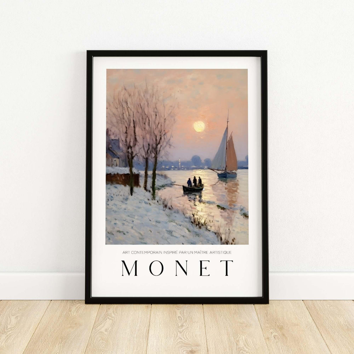 Claude Monet Poster - Winter River Sunset Wall Art - Snow Scene Print depicting a serene riverside scene in winter.
