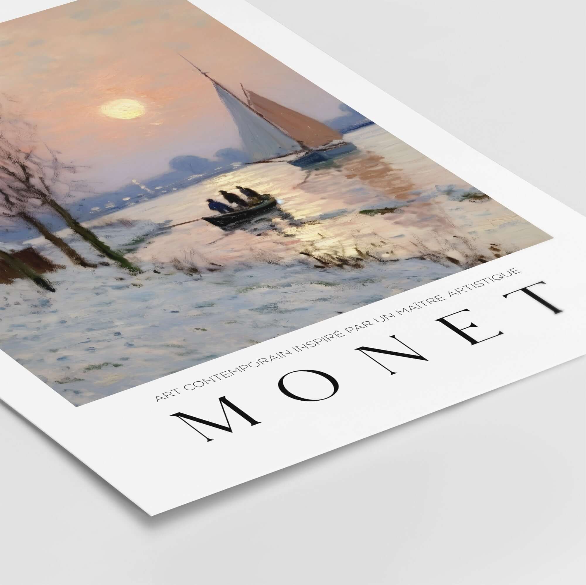 Claude Monet Poster - Winter River Sunset Wall Art - Snow Scene Print featuring a serene winter sunset landscape.