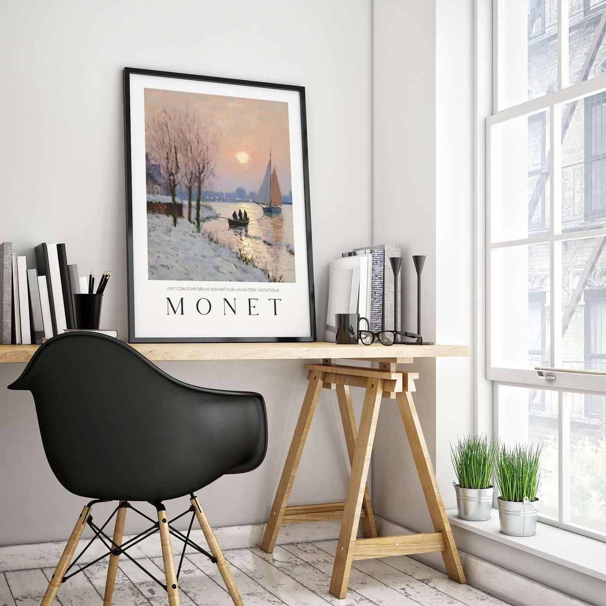 Claude Monet Poster - Winter River Sunset Wall Art - Snow Scene Print in a modern interior with a black chair.